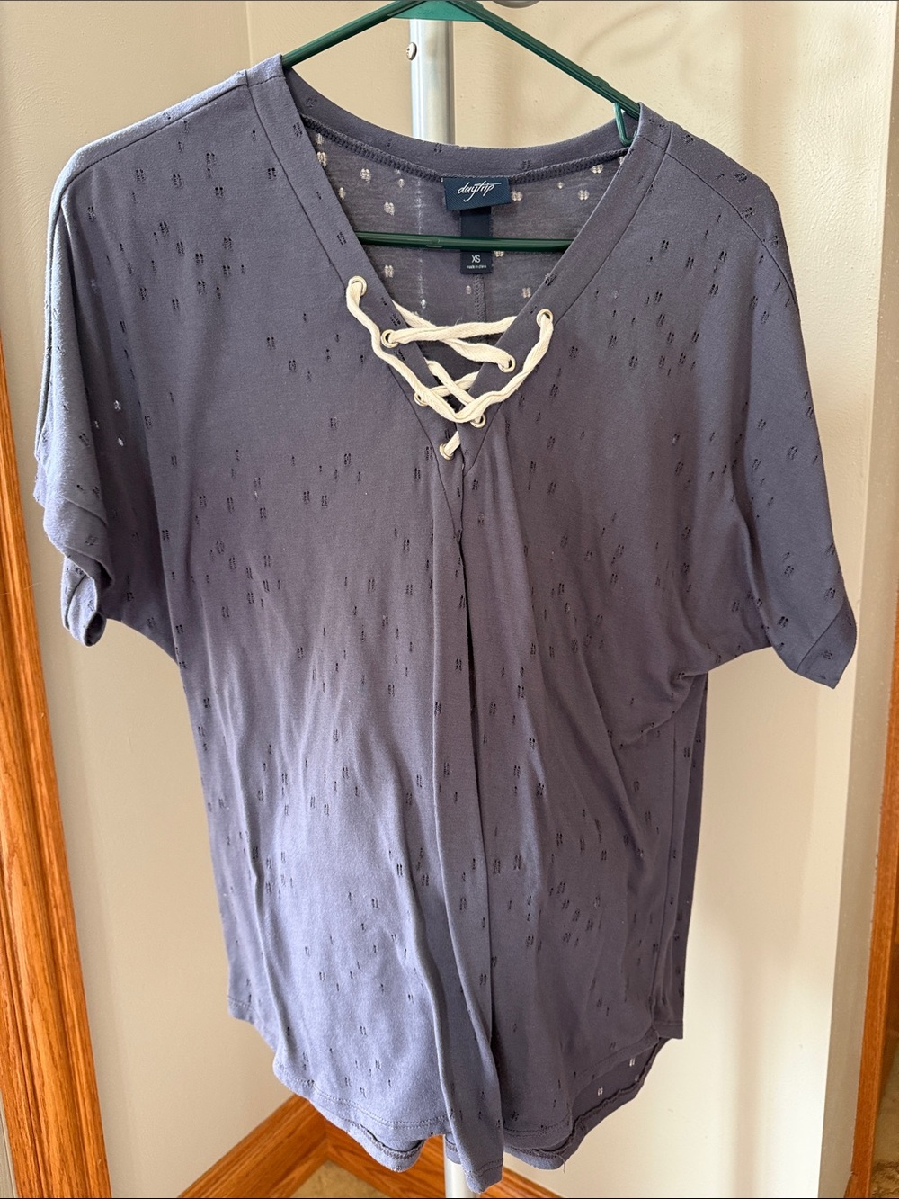 Daytrip Lace-Up V-Neck Short Sleeve Top - Dusty Blue